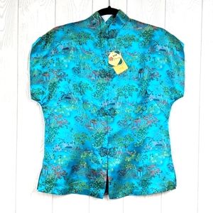 Vintage 1980's Blouse, Blue Satin Brocade Fabric, Women's Size Medium.